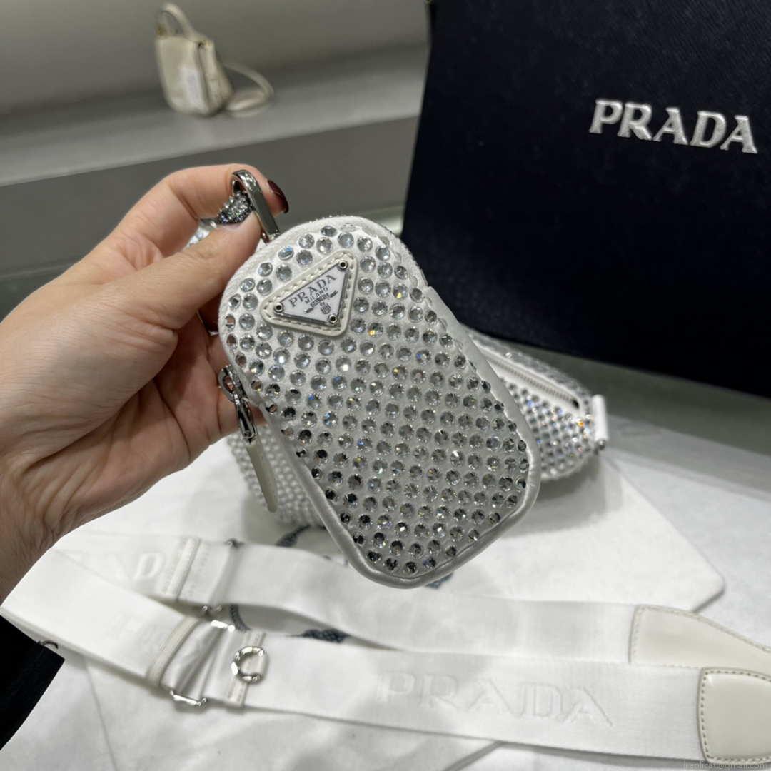 Prada 1NE190 Crystal-studded satin pouch White
