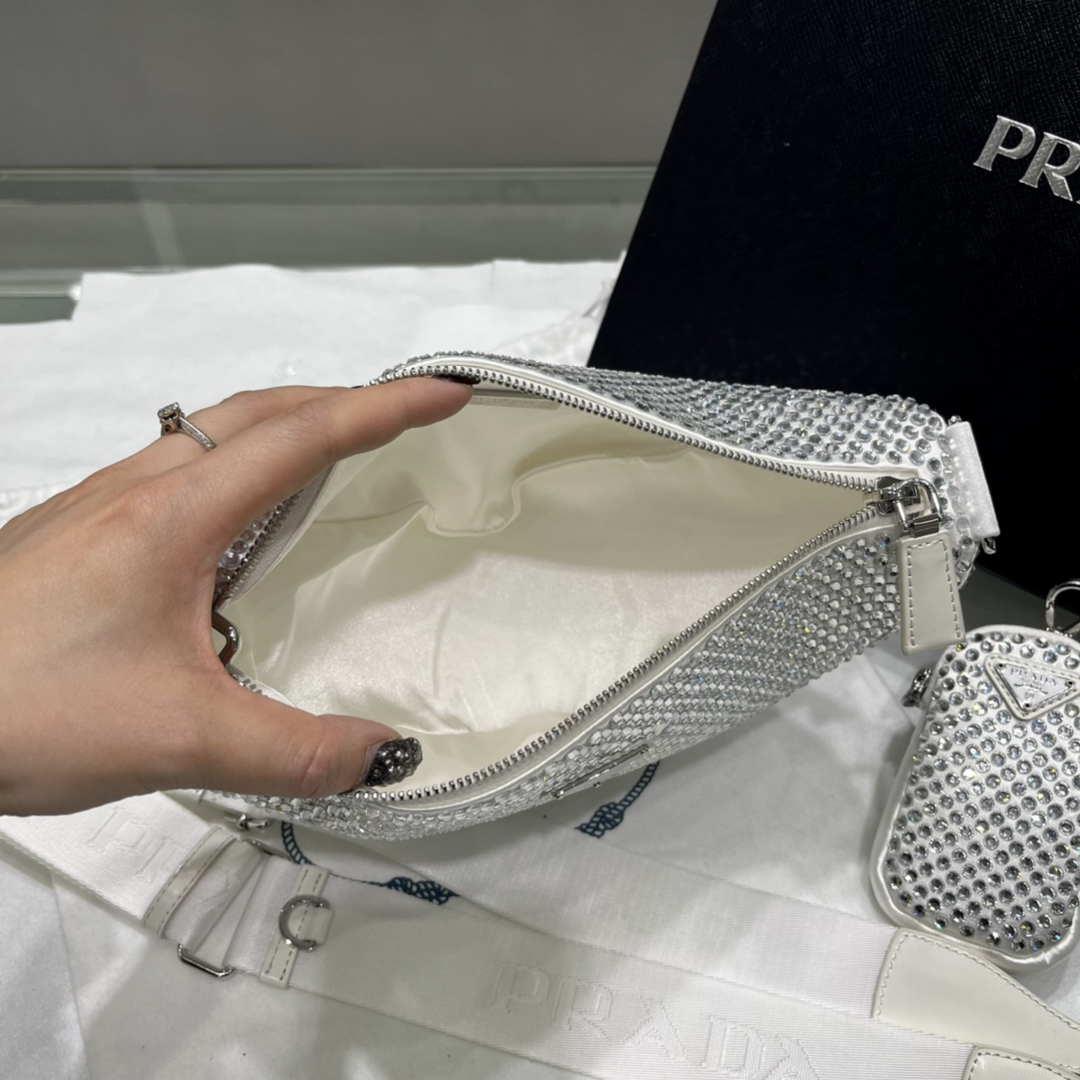 Prada 1NE190 Crystal-studded satin pouch White