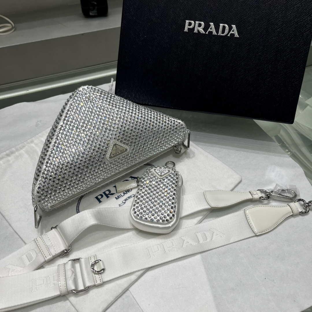 Prada 1NE190 Crystal-studded satin pouch White