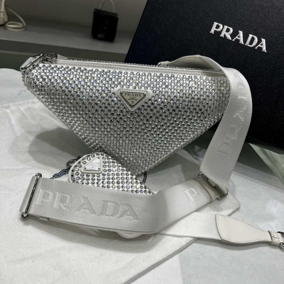 Prada 1NE190 Crystal-studded satin pouch White