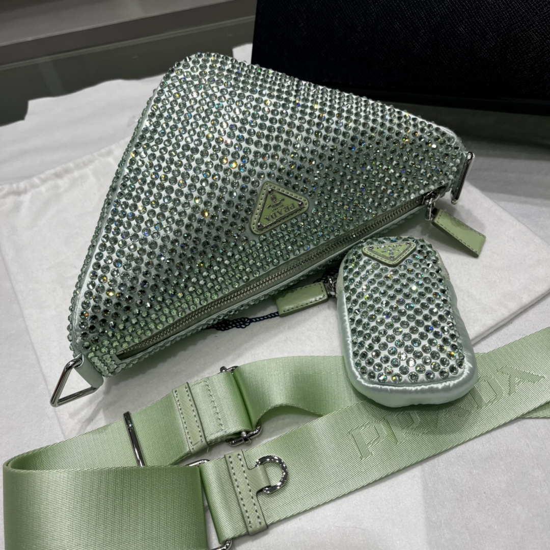 Prada 1NE190 Crystal-studded satin pouch Green