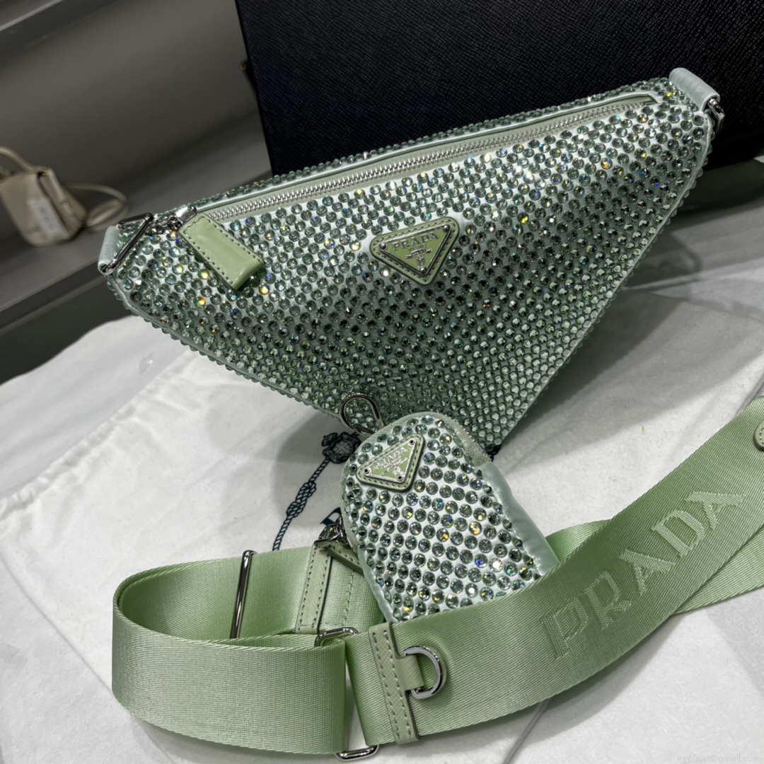 Prada 1NE190 Crystal-studded satin pouch Green