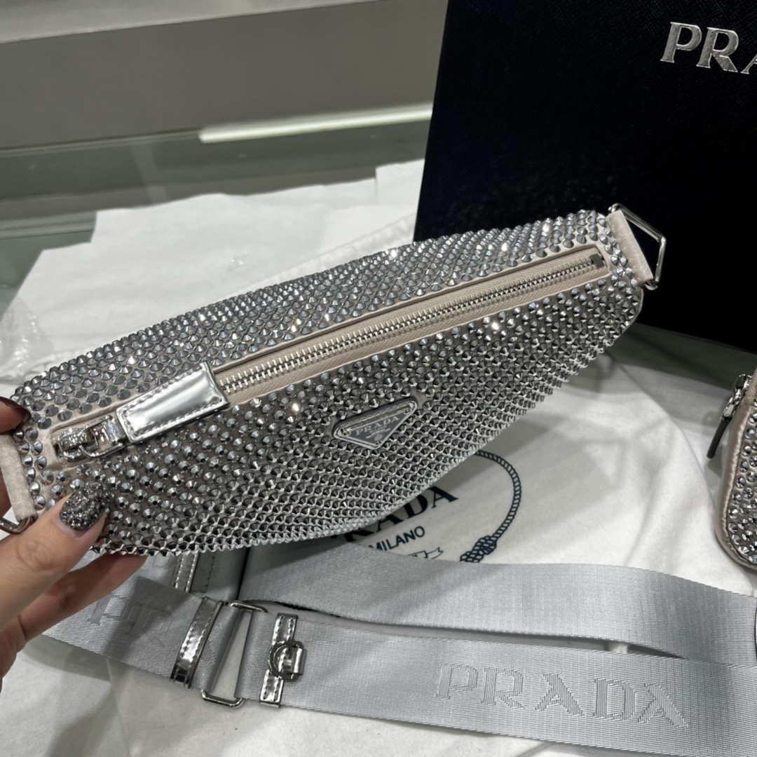 Prada 1NE190 Crystal-studded satin pouch Gray