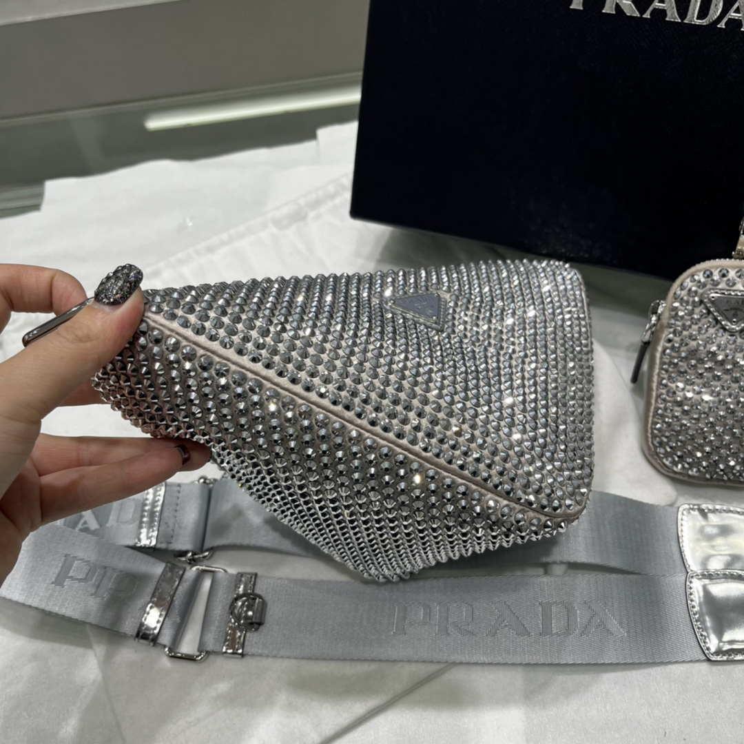 Prada 1NE190 Crystal-studded satin pouch Gray