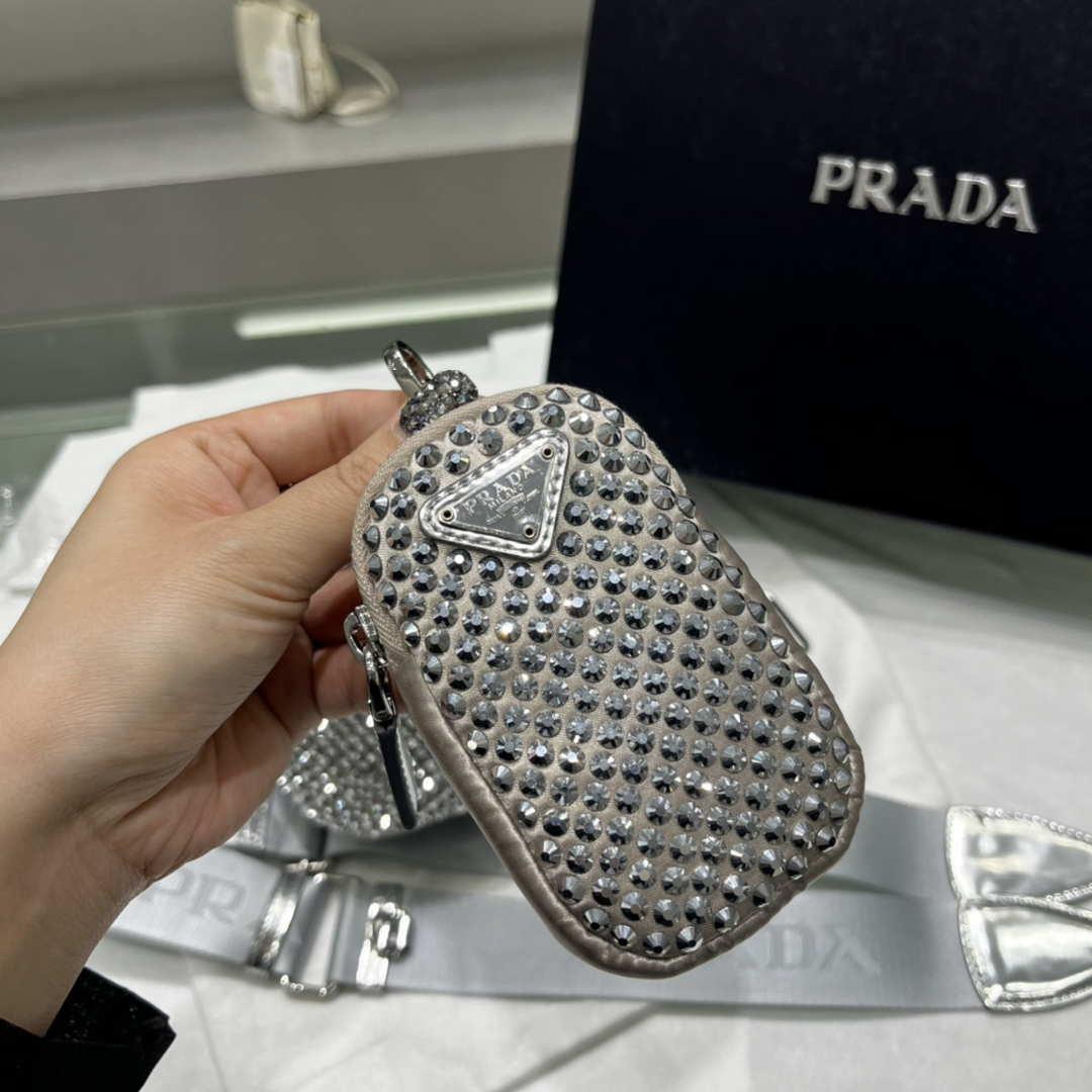 Prada 1NE190 Crystal-studded satin pouch Gray