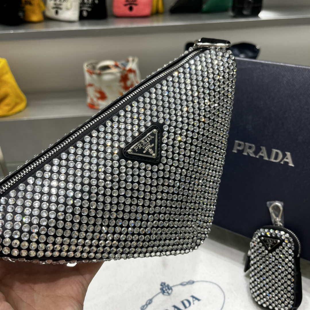 Prada 1NE190 Crystal-studded satin pouch Black