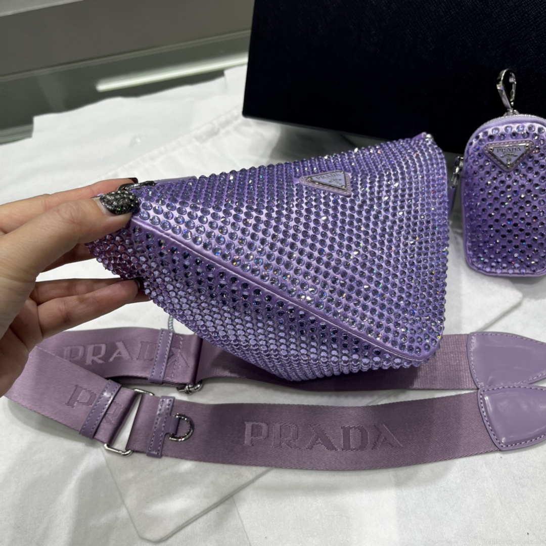 Prada 1NE190 Crystal-studded satin pouch Purple
