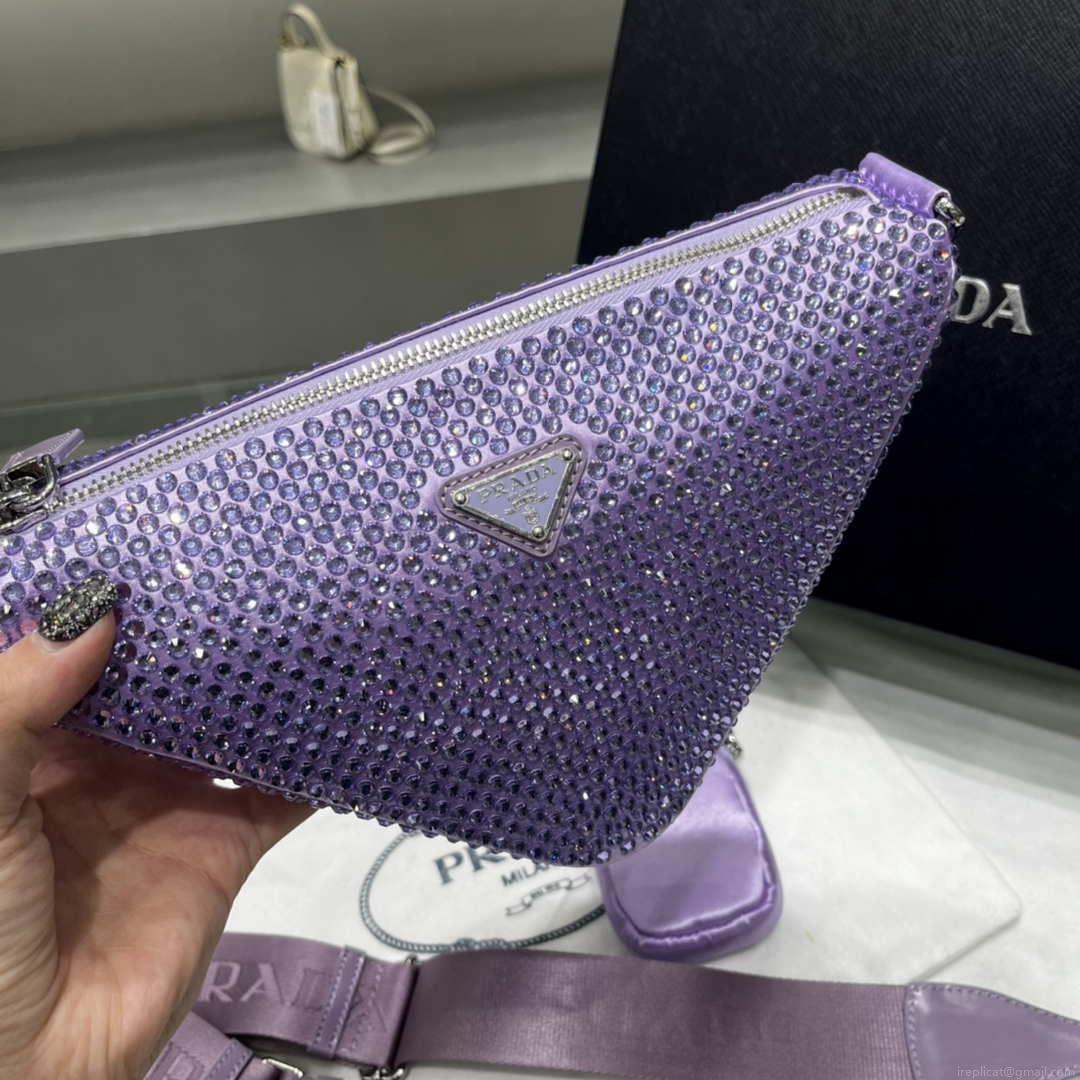 Prada 1NE190 Crystal-studded satin pouch Purple