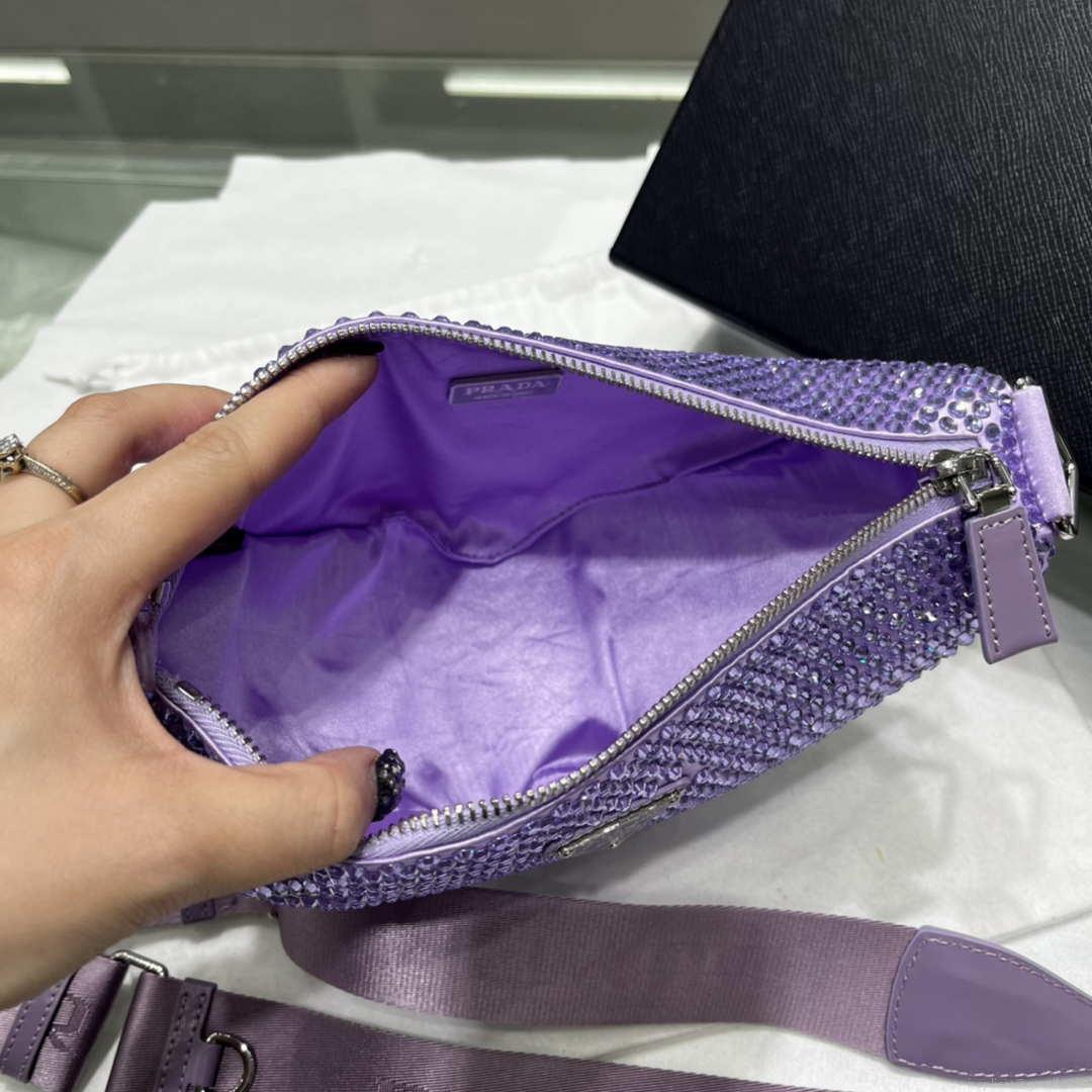 Prada 1NE190 Crystal-studded satin pouch Purple