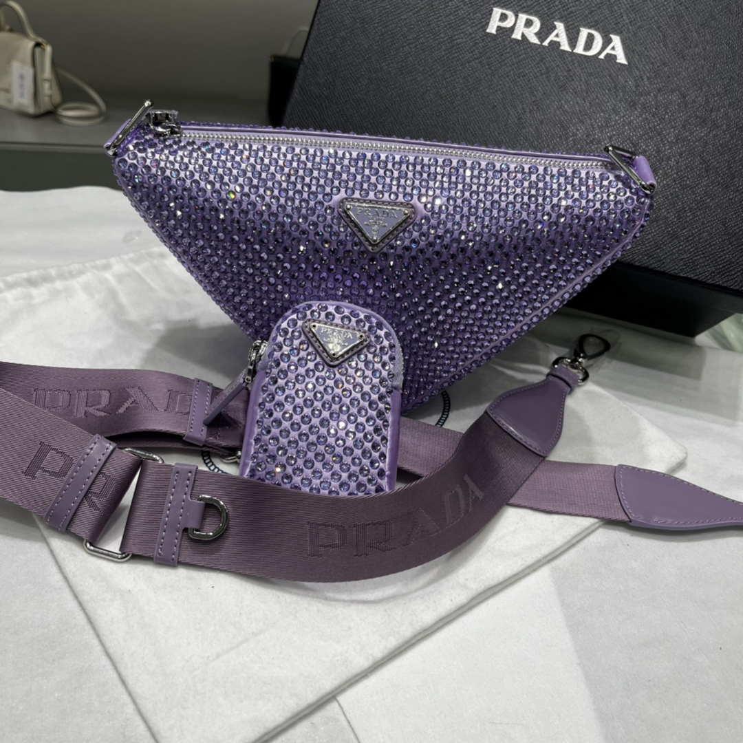 Prada 1NE190 Crystal-studded satin pouch Purple