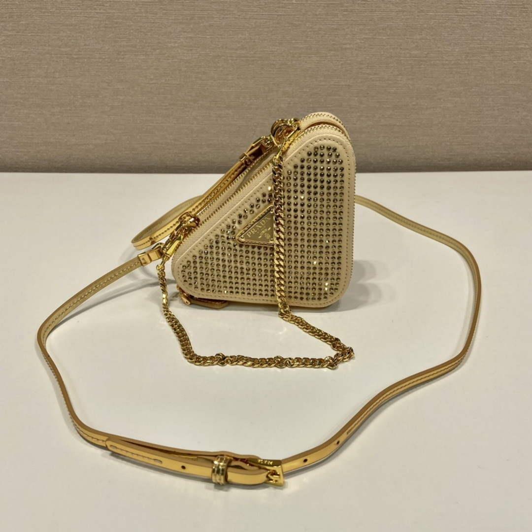 Prada 1NR015 Embellished satin and leather mini-pouch Gold