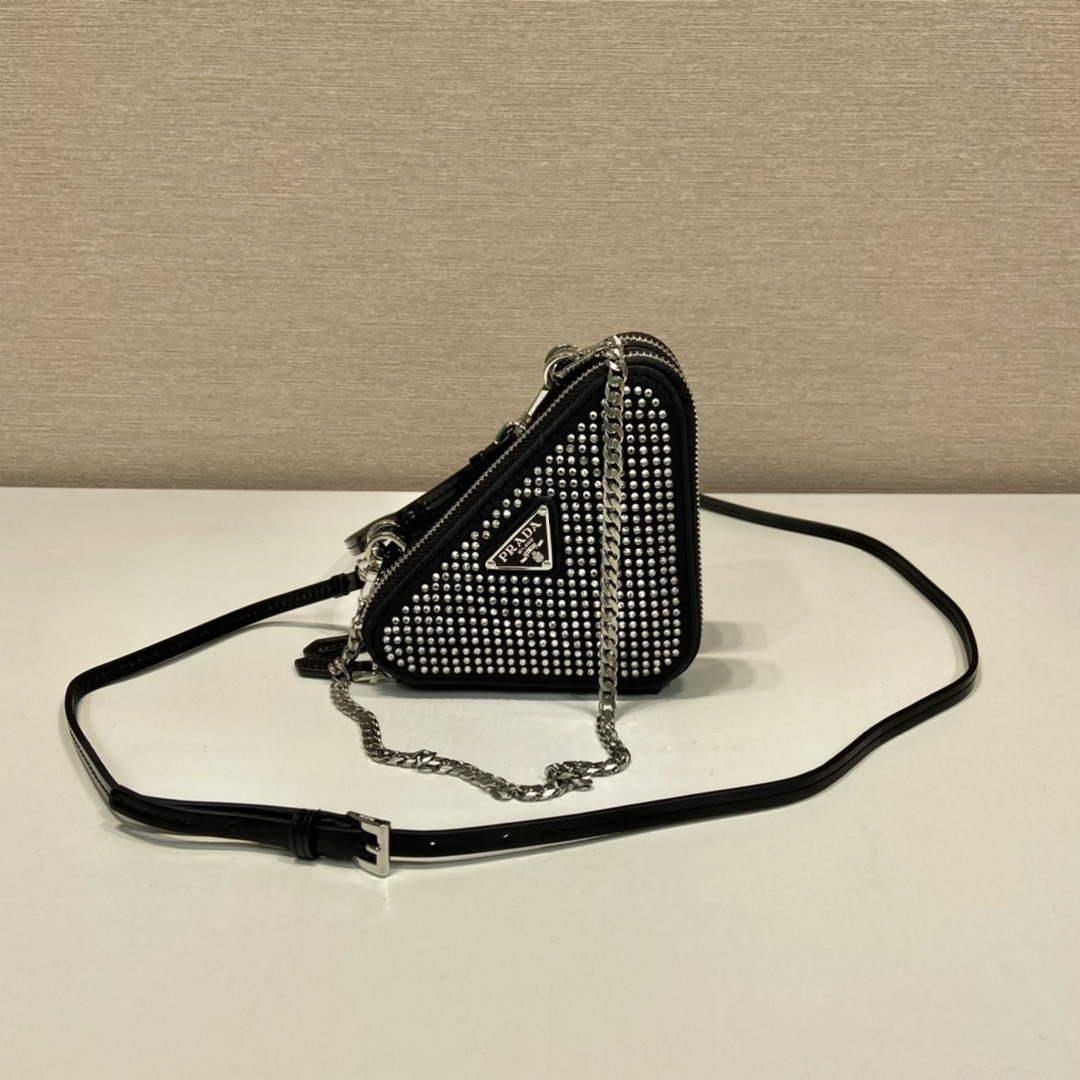 Prada 1NR015 Embellished satin and leather mini-pouch Black