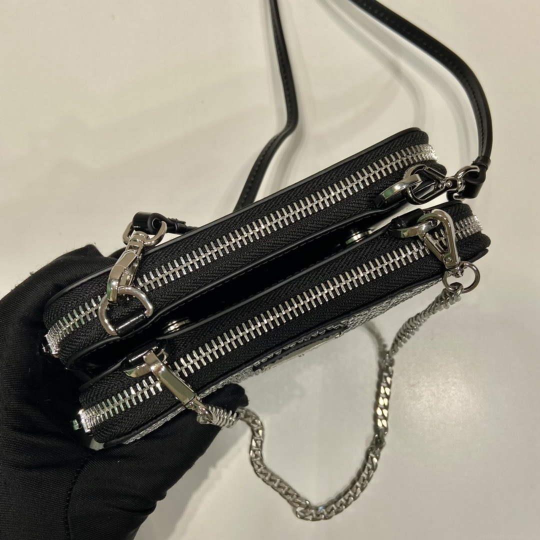 Prada 1NR015 Embellished satin and leather mini-pouch Black