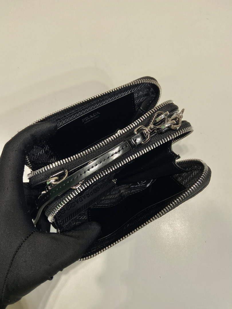 Prada 1NR015 Embellished satin and leather mini-pouch Black
