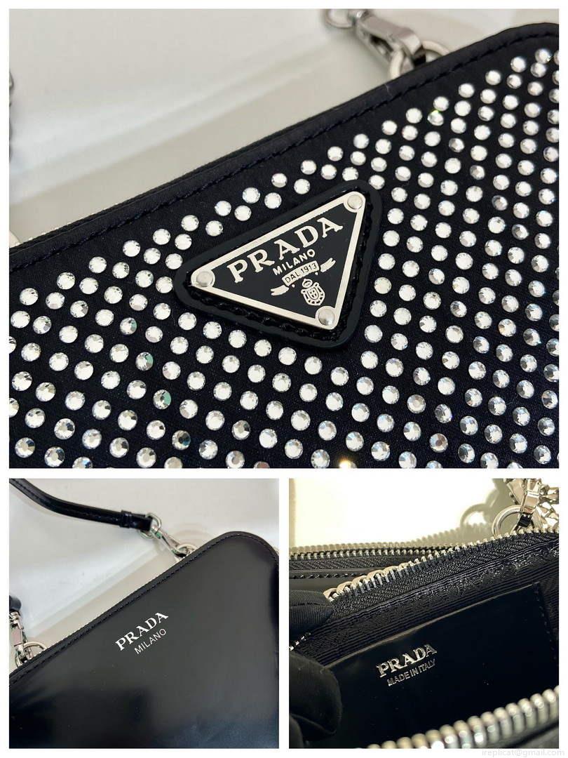Prada 1NR015 Embellished satin and leather mini-pouch Black