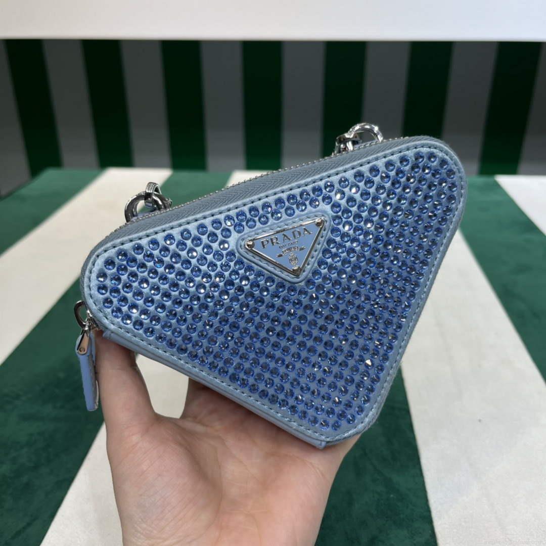 Prada 1NR015 Embellished satin and leather mini-pouch Blue