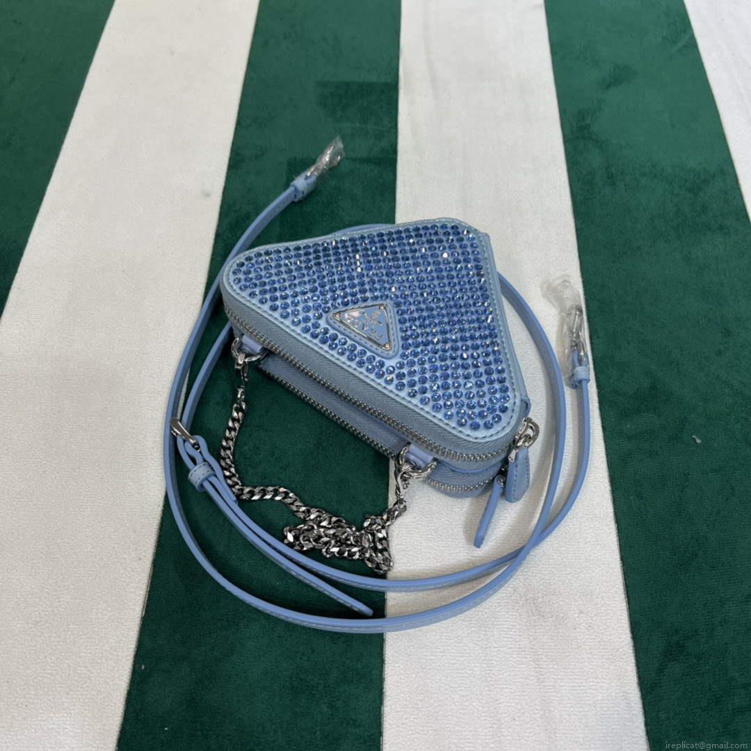 Prada 1NR015 Embellished satin and leather mini-pouch Blue