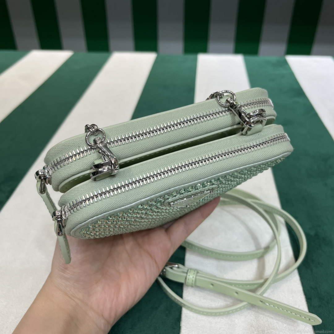 Prada 1NR015 Embellished satin and leather mini-pouch Light green