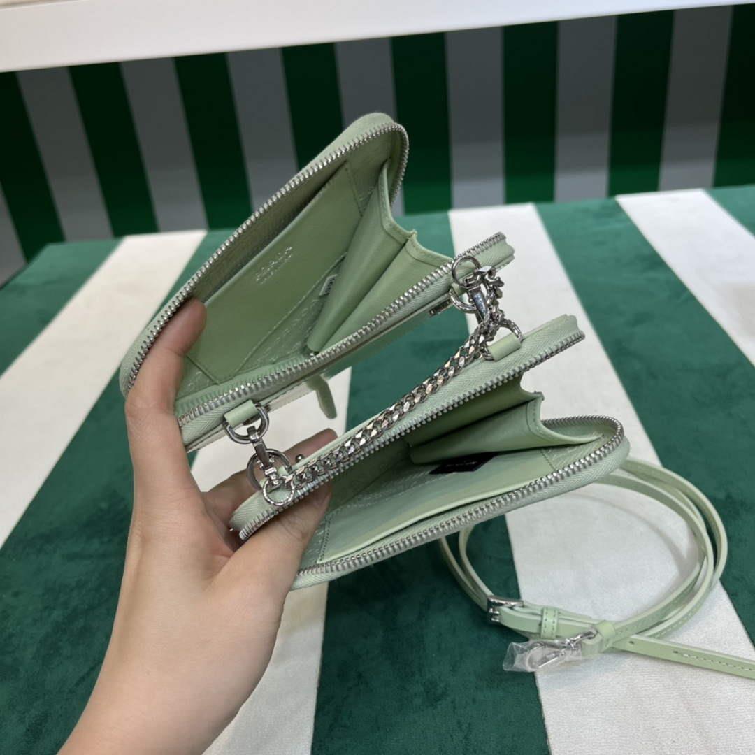 Prada 1NR015 Embellished satin and leather mini-pouch Light green