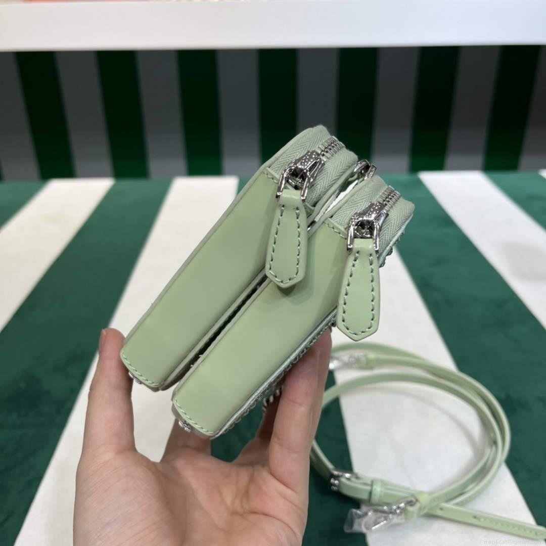 Prada 1NR015 Embellished satin and leather mini-pouch Light green