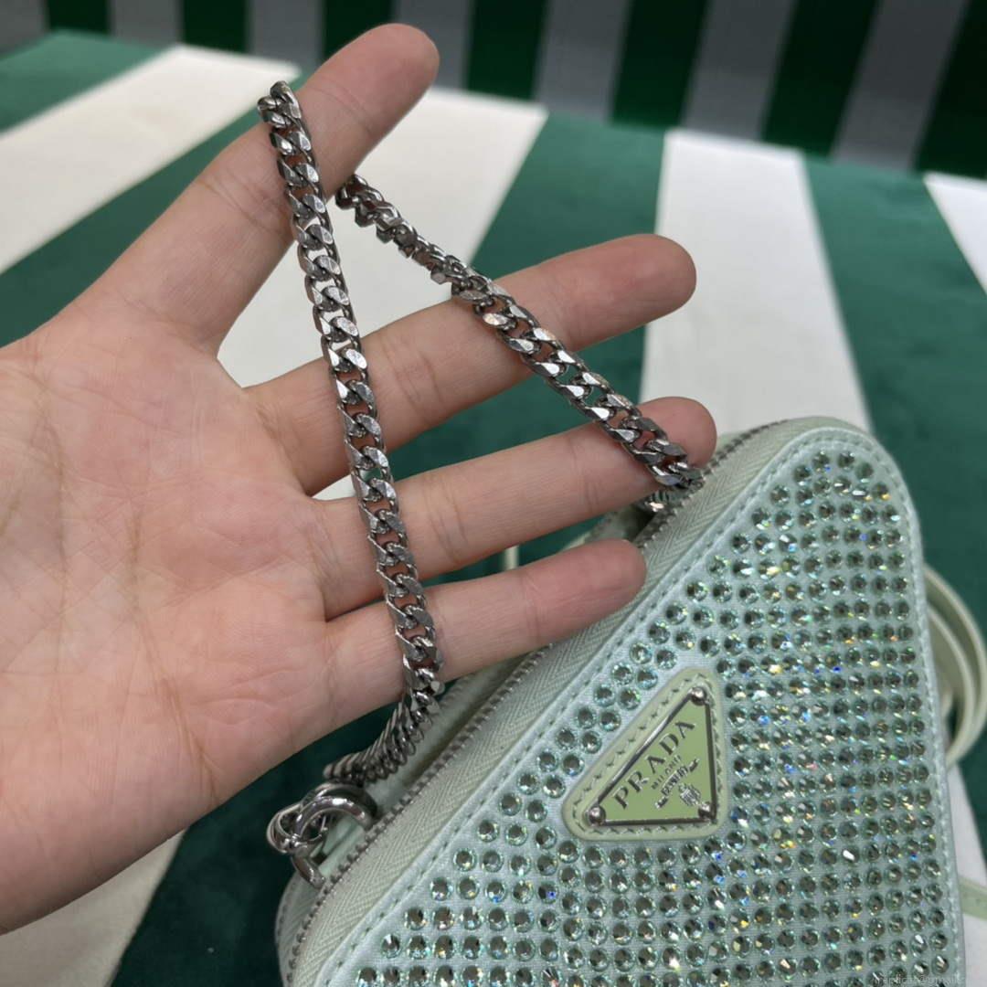Prada 1NR015 Embellished satin and leather mini-pouch Light green
