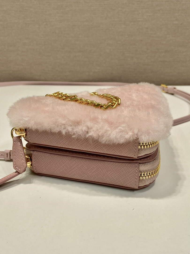 Prada 1NR015 Shearling and Saffiano leather mini-pouch Orchid pink