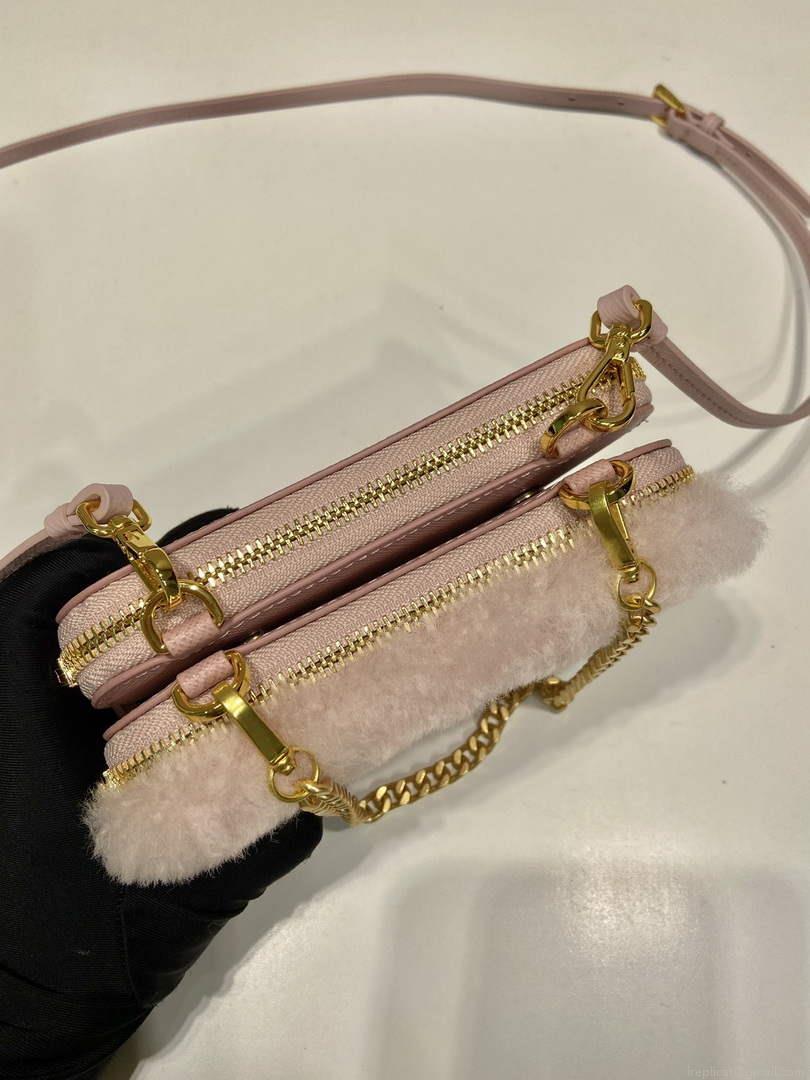 Prada 1NR015 Shearling and Saffiano leather mini-pouch Orchid pink