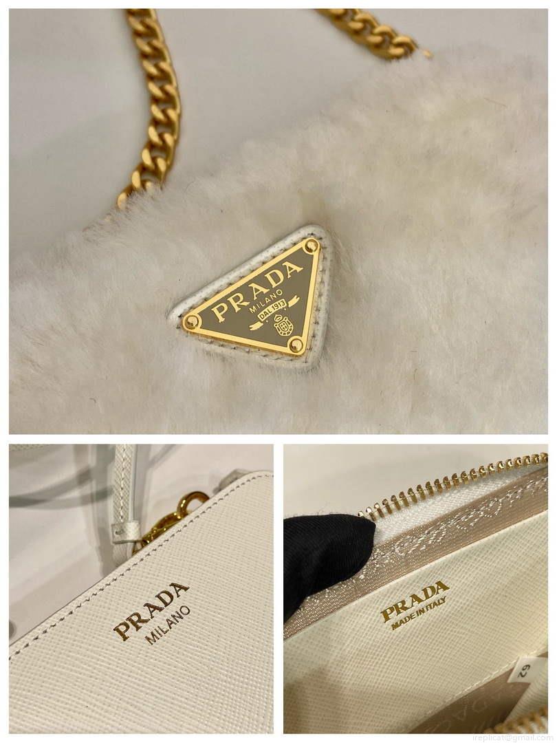 Prada 1NR015 Shearling and Saffiano leather mini-pouch White
