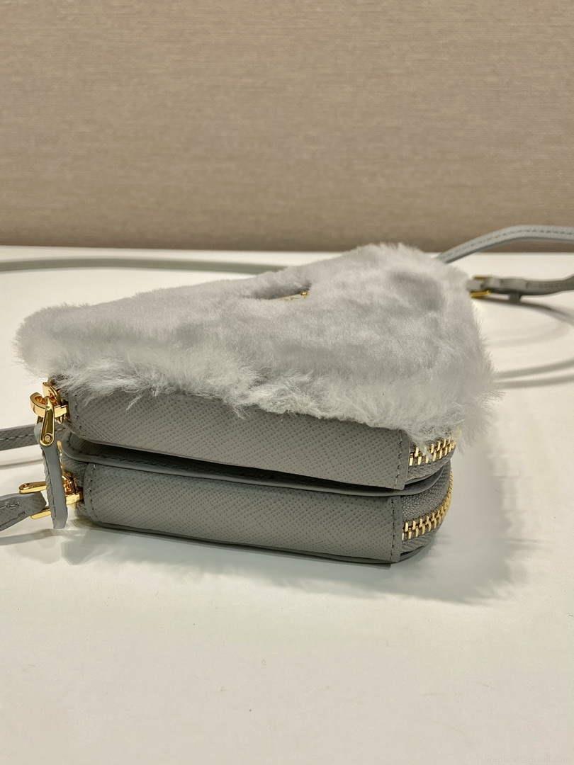 Prada 1NR015 Shearling and Saffiano leather mini-pouch Cornflower