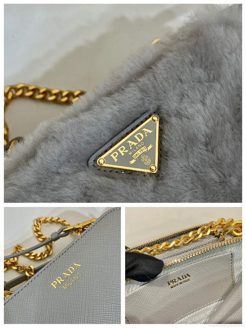 Prada 1NR015 Shearling and Saffiano leather mini-pouch Cornflower