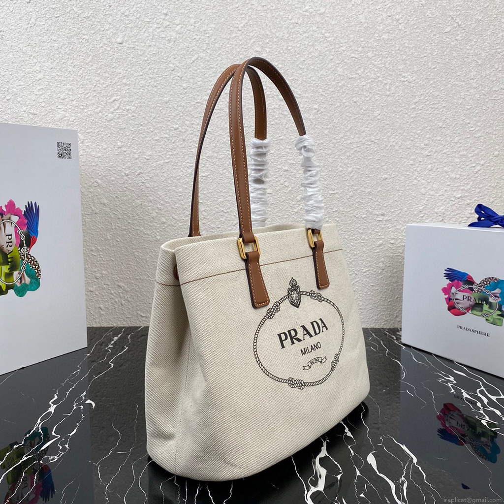 Prada 1BG356 Small linen blend and leather tote Beige