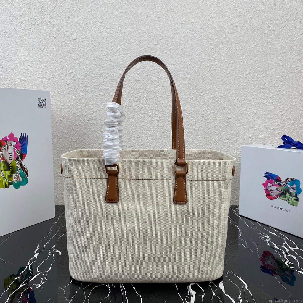 Prada 1BG356 Small linen blend and leather tote Beige