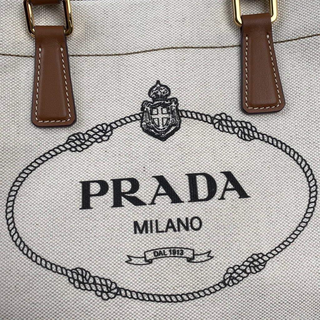 Prada 1BG356 Small linen blend and leather tote Beige