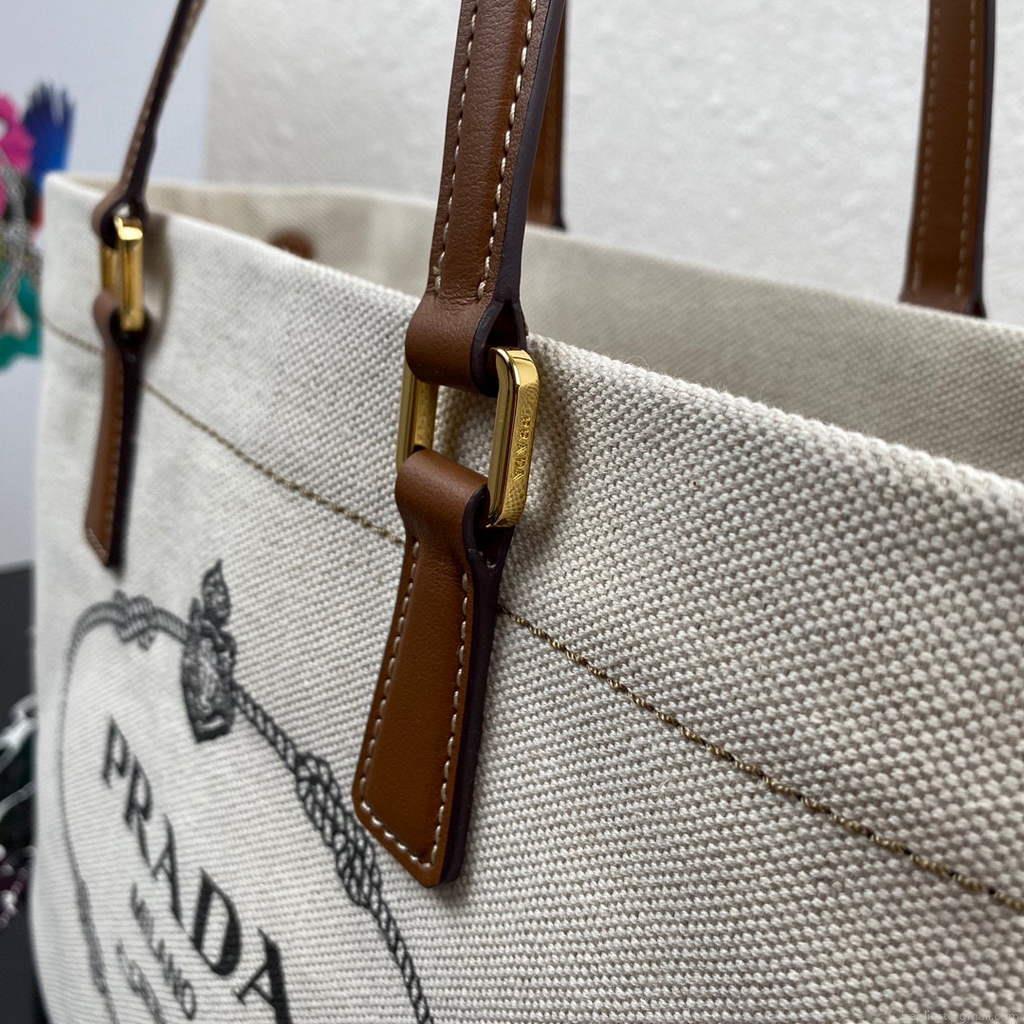 Prada 1BG356 Small linen blend and leather tote Beige