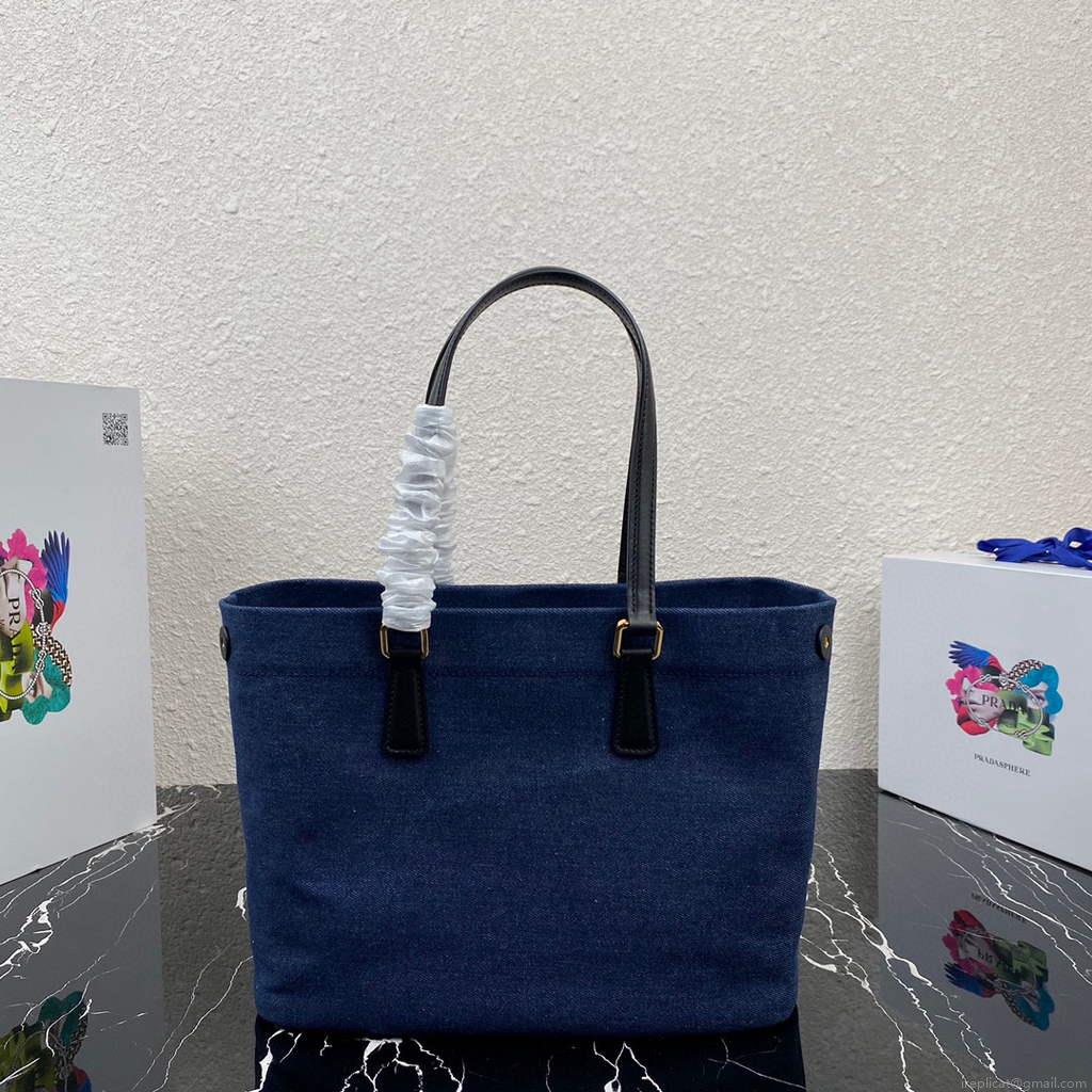 Prada 1BG356 Small linen blend and leather tote Blue