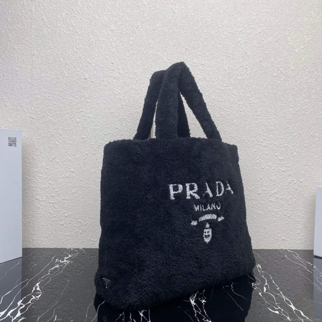 Prada 1BG130 Shearling Tote Shoulder bag Black