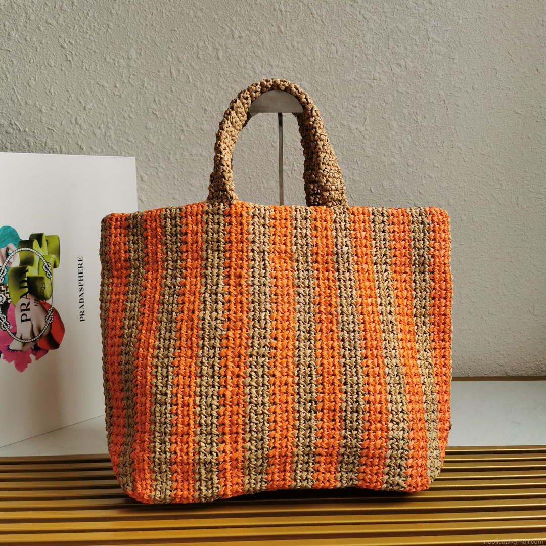 Prada 1BG392 Large Crochet tote bag Nature With Orange