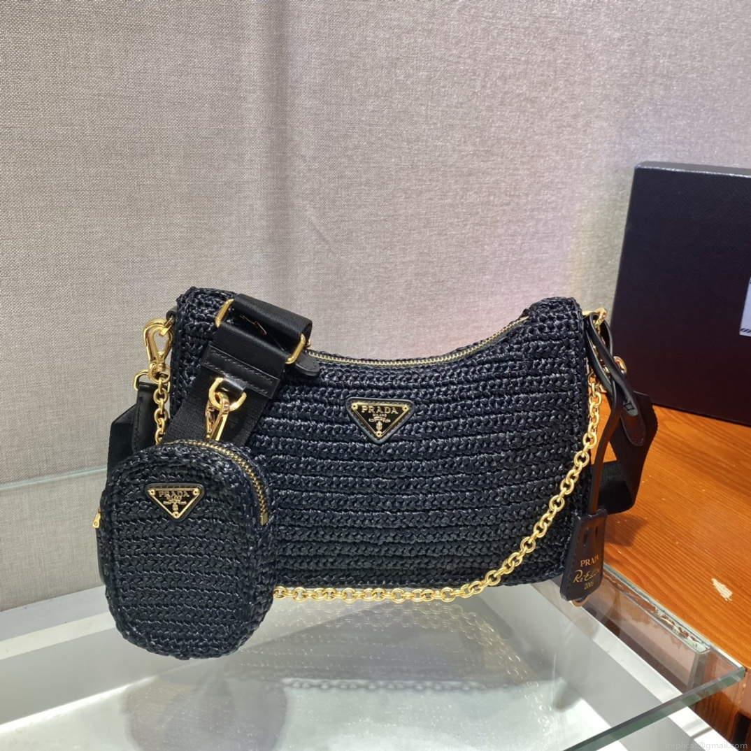 Prada 1BH204 Prada Re-Edition 2005 Raffia Bag in Black