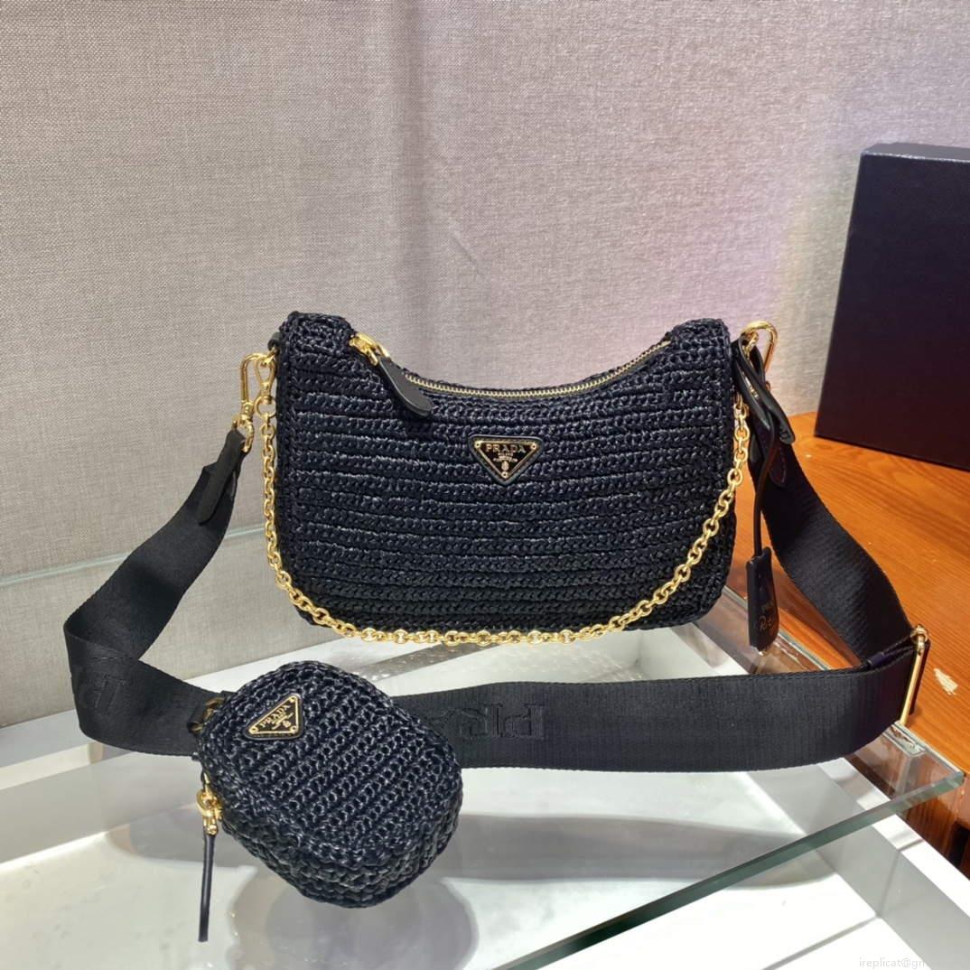 Prada 1BH204 Prada Re-Edition 2005 Raffia Bag in Black