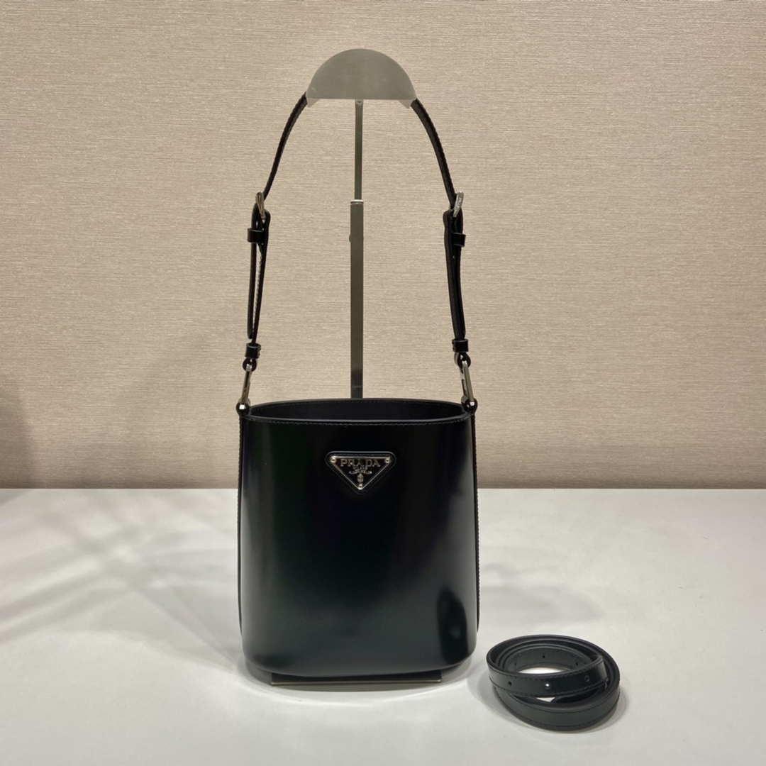 Prada Mini brushed-leather bucket bag 1BE059 Black