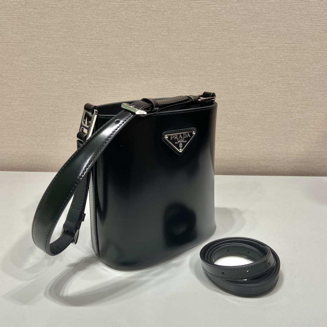 Prada Mini brushed-leather bucket bag 1BE059 Black