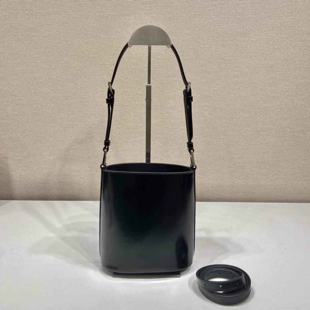 Prada Mini brushed-leather bucket bag 1BE059 Black