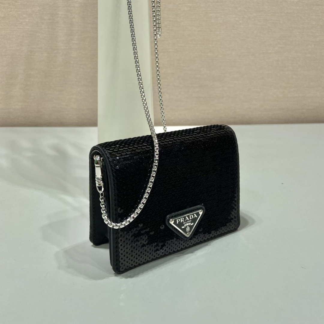 Prada Cardholder with shoulder strap and sequins 1MR024 Black