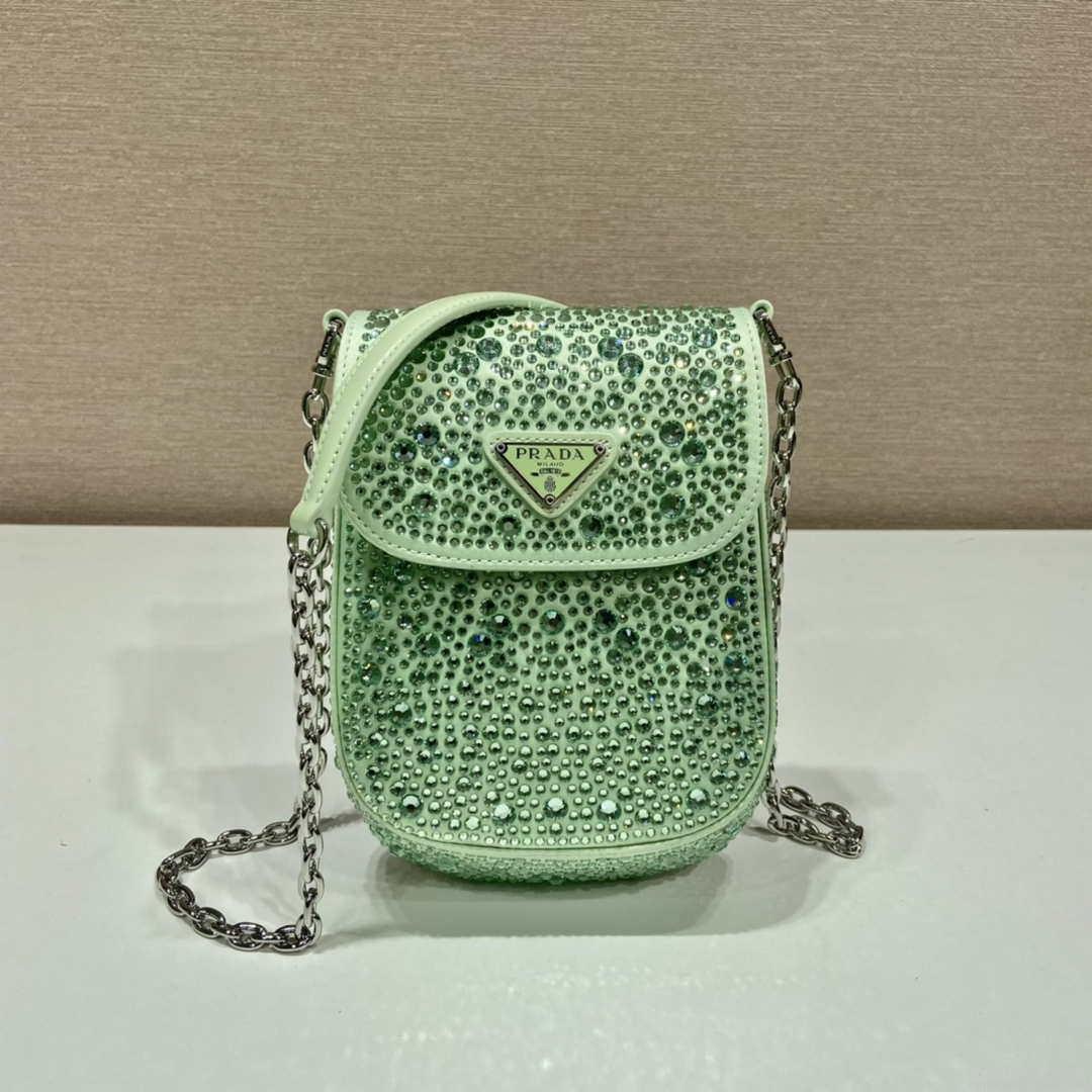 Prada 1BH185 Mini Cleo satin bag with crystals Green