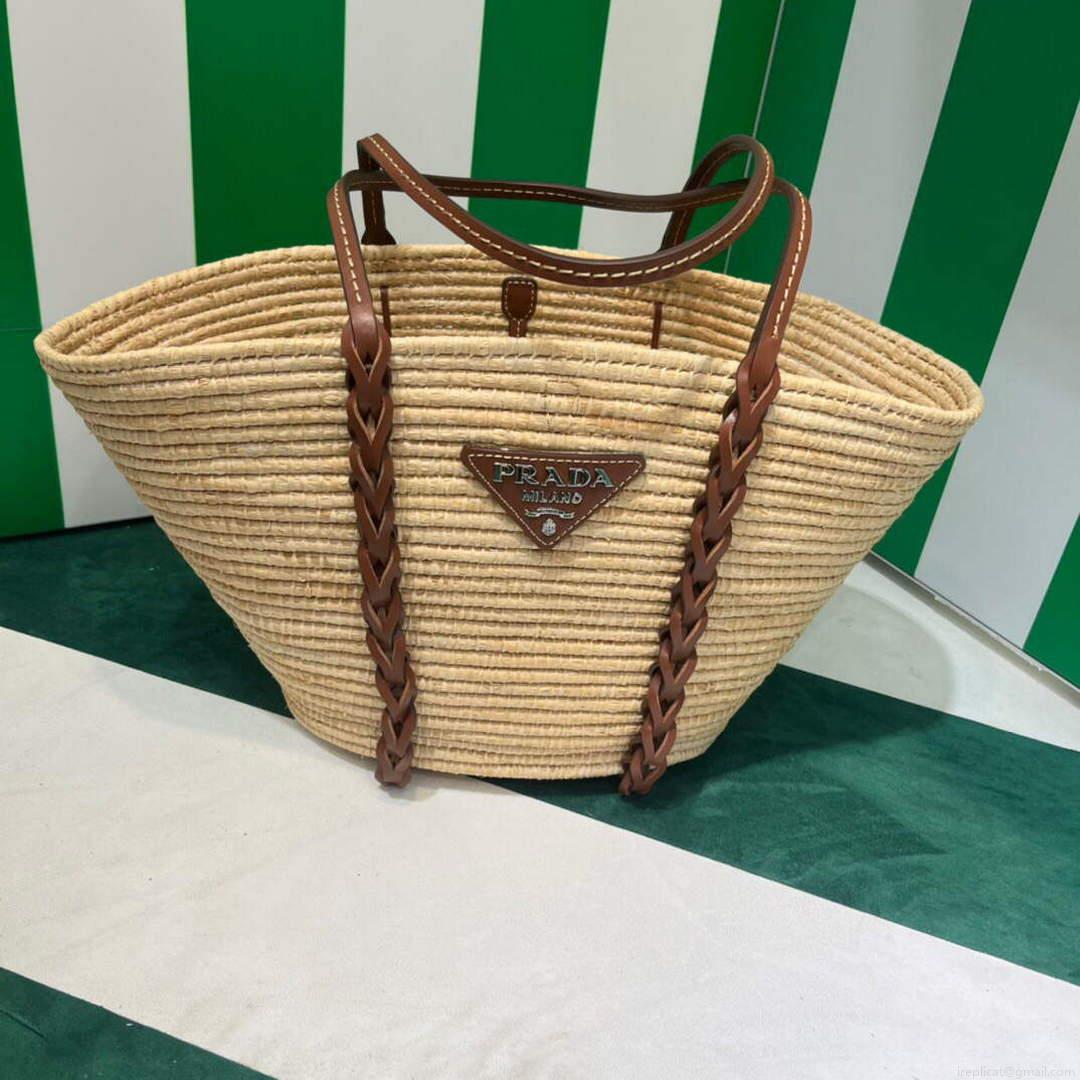 Prada 1BG312 Straw and Leather Tote Apricot