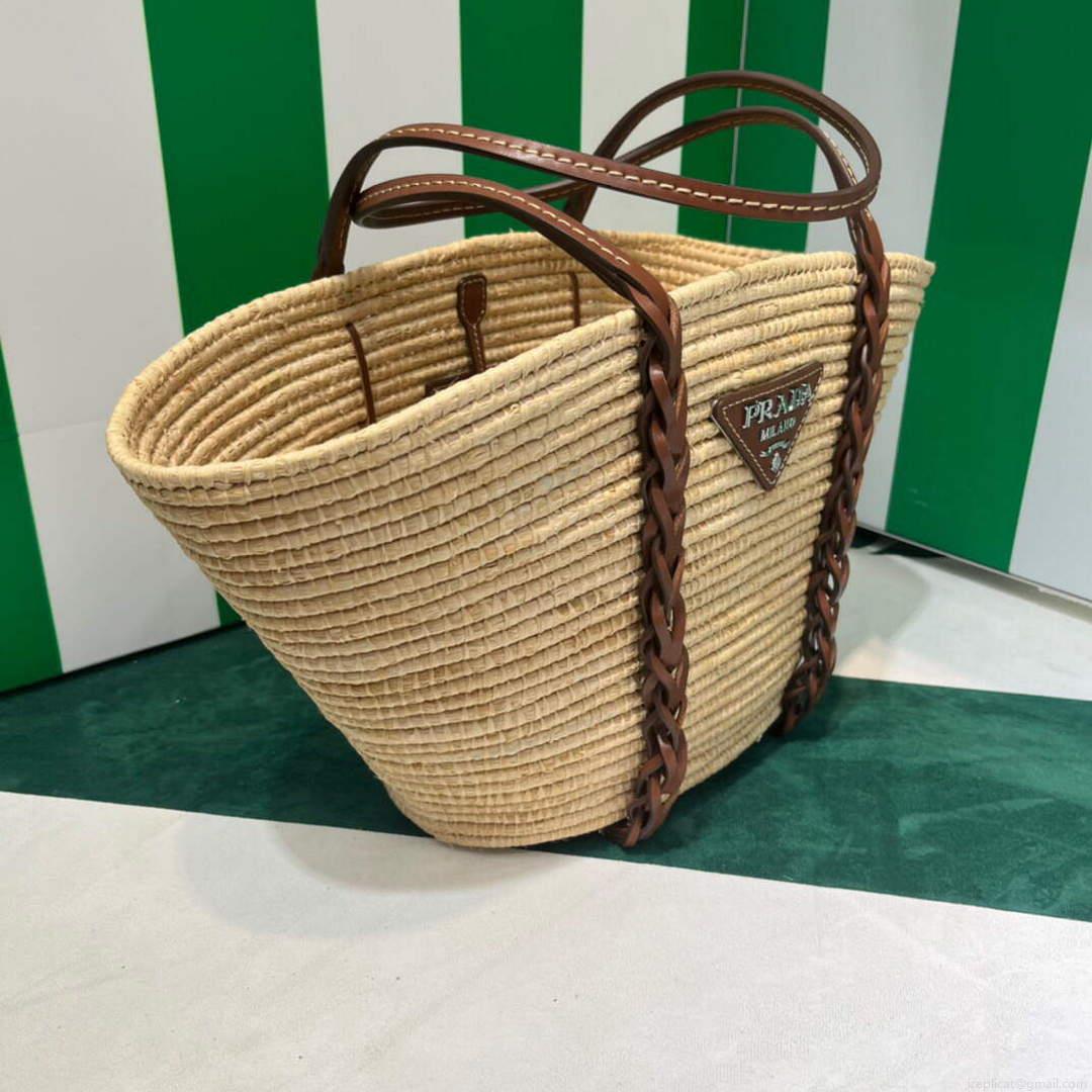 Prada 1BG312 Straw and Leather Tote Apricot
