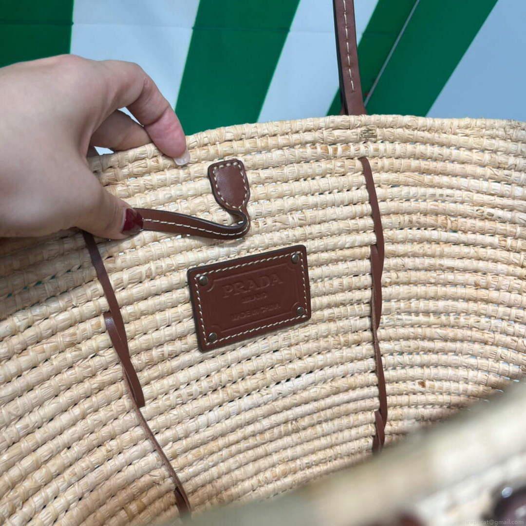 Prada 1BG312 Straw and Leather Tote Apricot