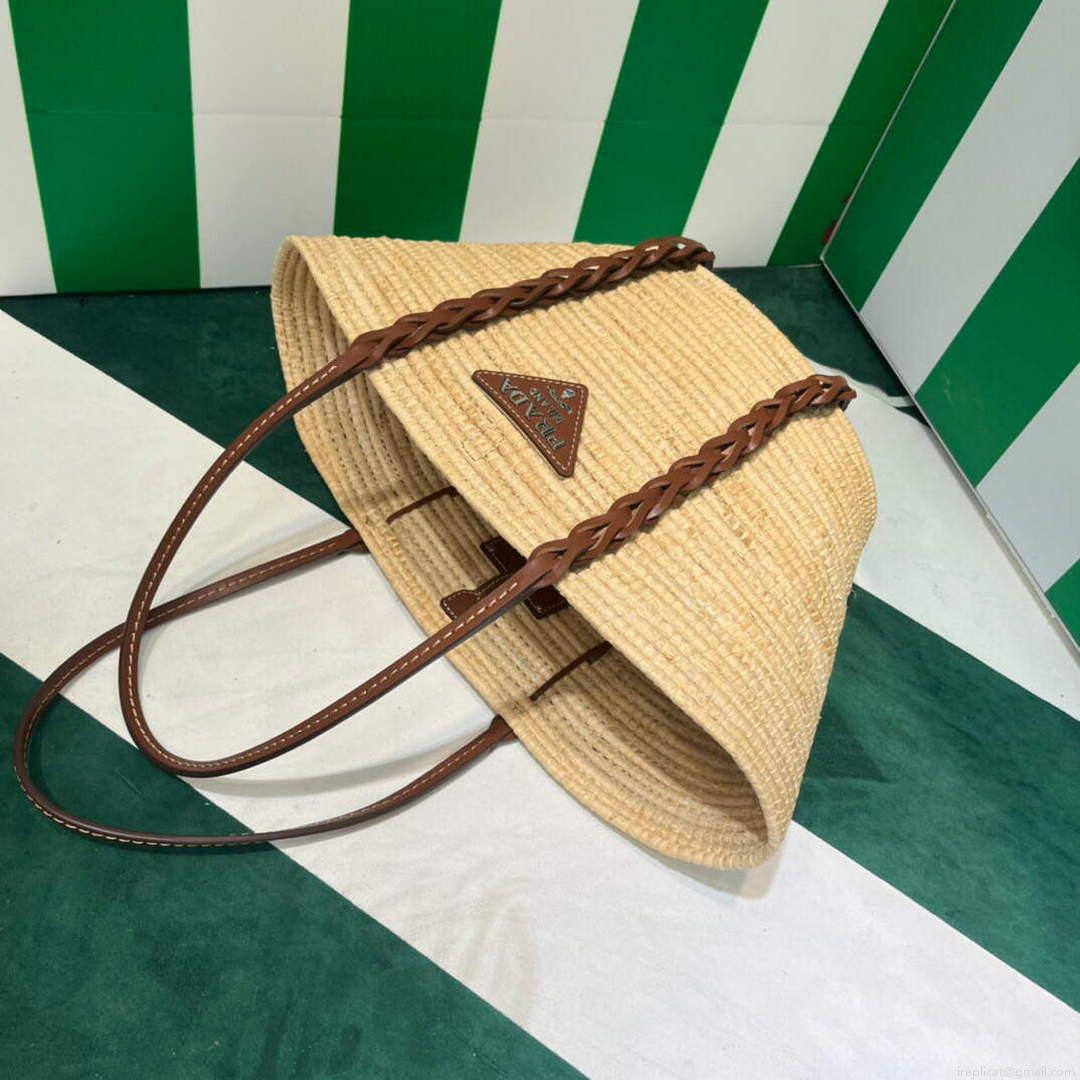 Prada 1BG312 Straw and Leather Tote Apricot
