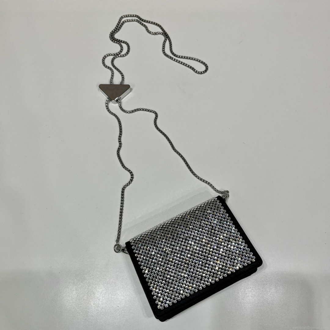 Prada Crystal-studded card holder with shoulder strap 1MR024 Black Crystal