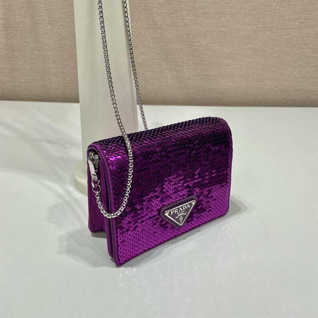 Prada sequins-studded card holder with shoulder strap 1MR024 Purple